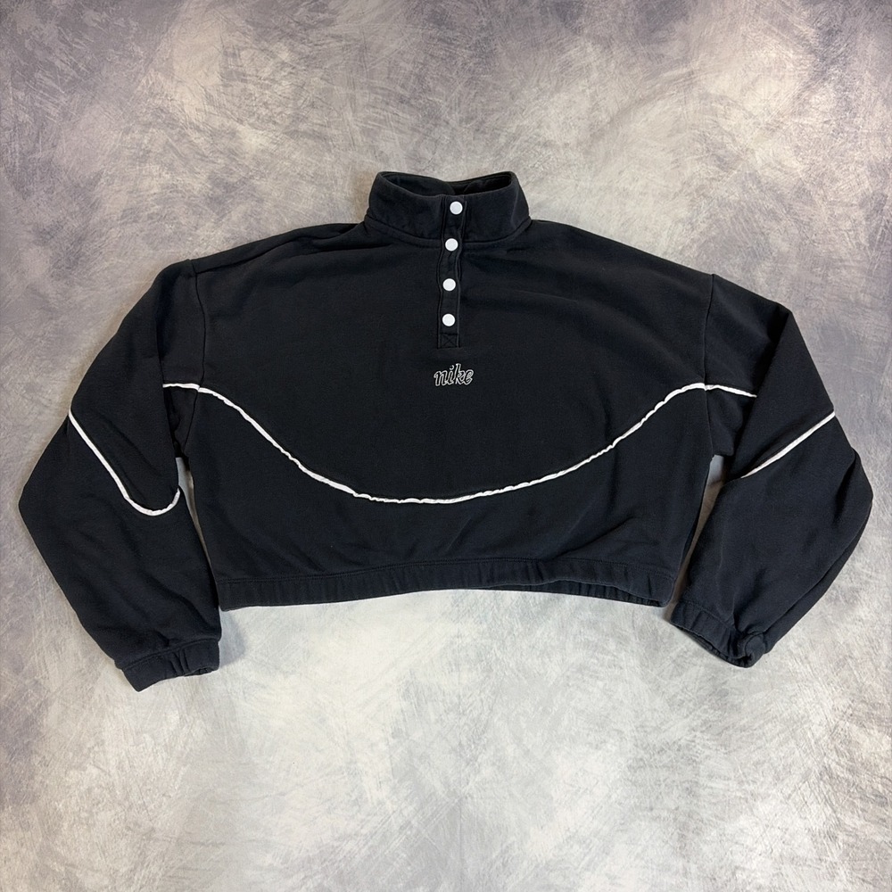 Nike Sweatshirt Womens XL Black Cropped Quarter Snap Mock Neck Piping Pullover